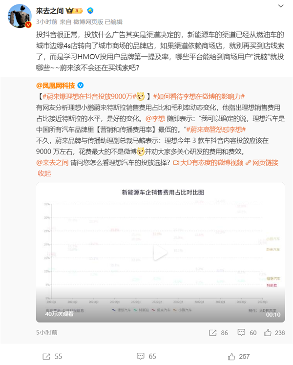>蔚来高管曝理想汽车在抖音投放9000万 微博CEO回应