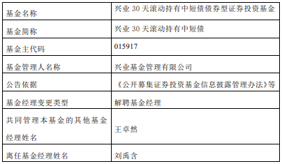 刘禹含离任兴业30天滚动持有中短债