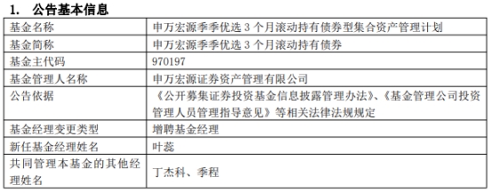 申万宏源证券资管2只债基增聘基金经理叶蕊