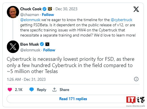 特斯拉Cybertruck FSD Beta更新优先级垫底，马斯克称因车辆数量太少