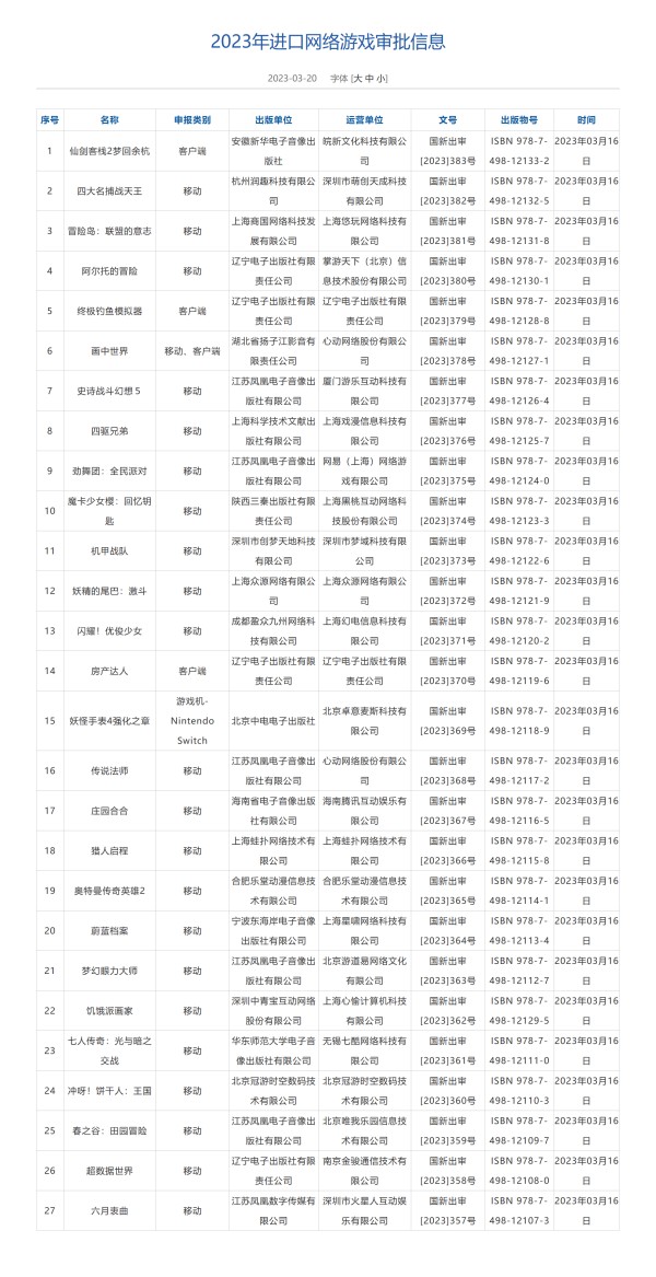 27款进口网络游戏有哪些